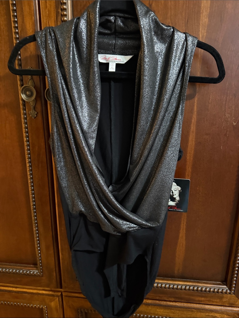 Marilyn Monroe Metallic Cowl Neck bodysuit- Silver & Black